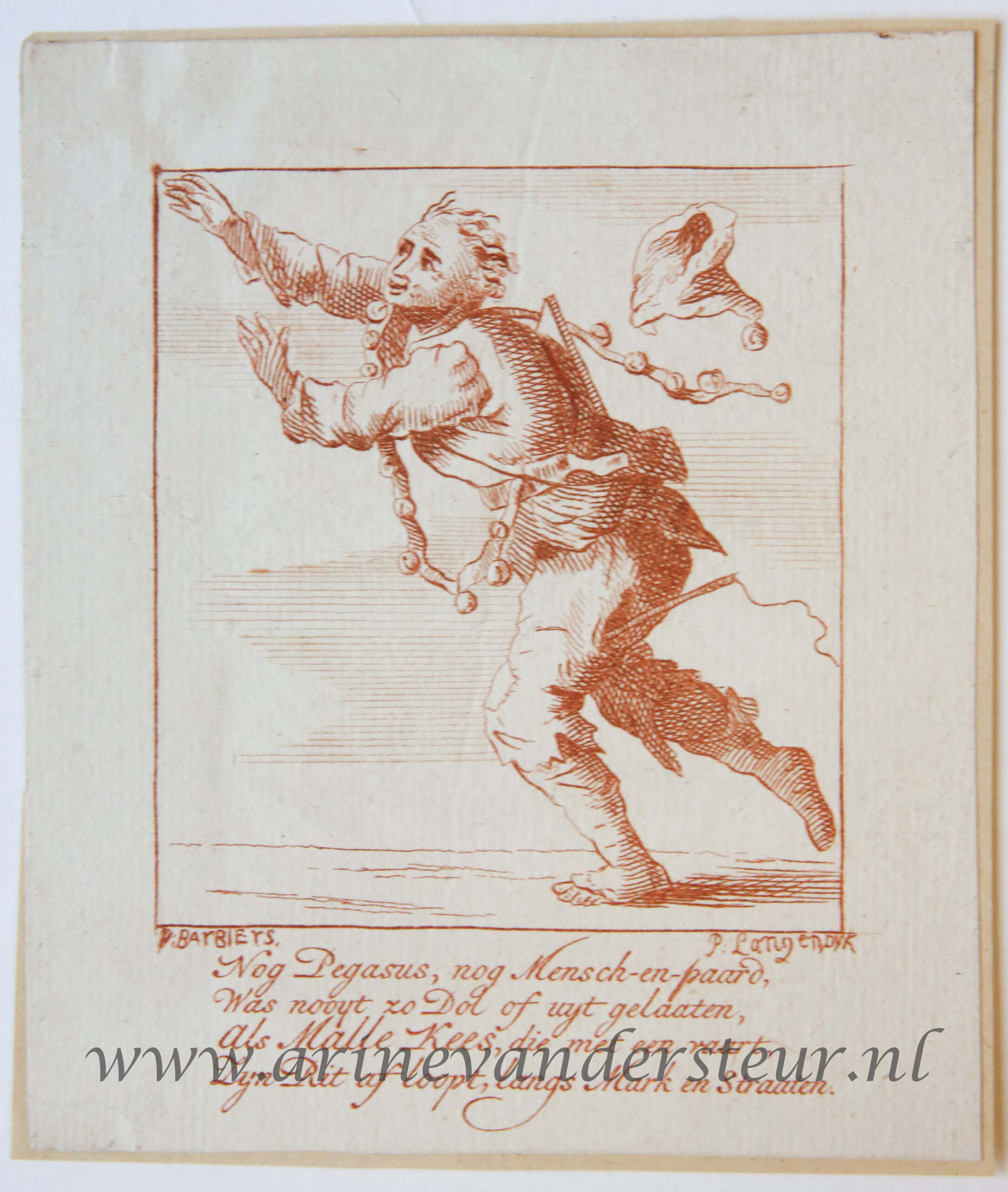 [Satirical antique print in red ink, engraving] P. Langendijk after P. Barbiers I, A jester, published ca. 1750.