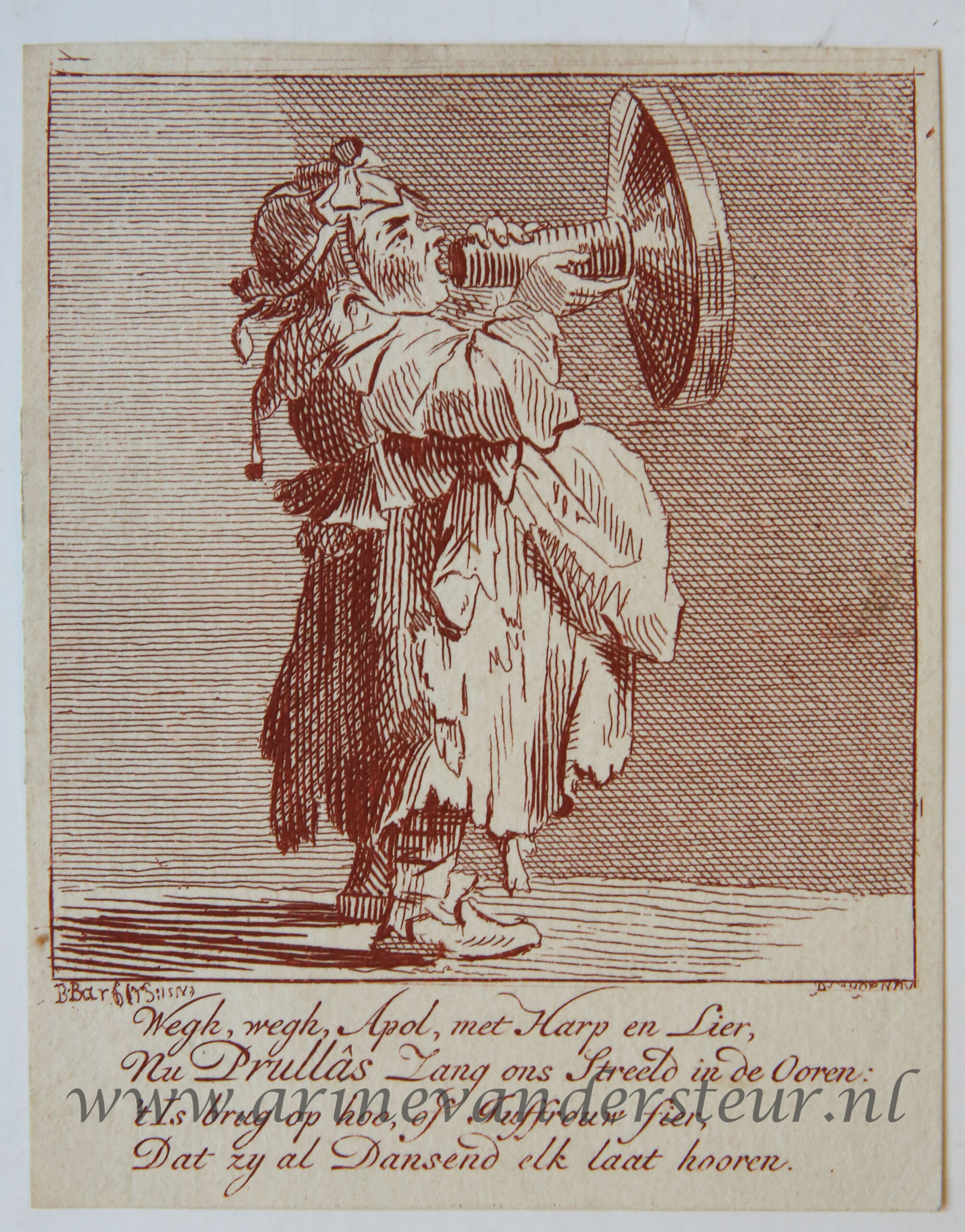 [Satirical antique print in red ink, engraving] P. Langendijk after P. Barbiers I, A woman with bullhorn [Prullas], published ca. 1750.