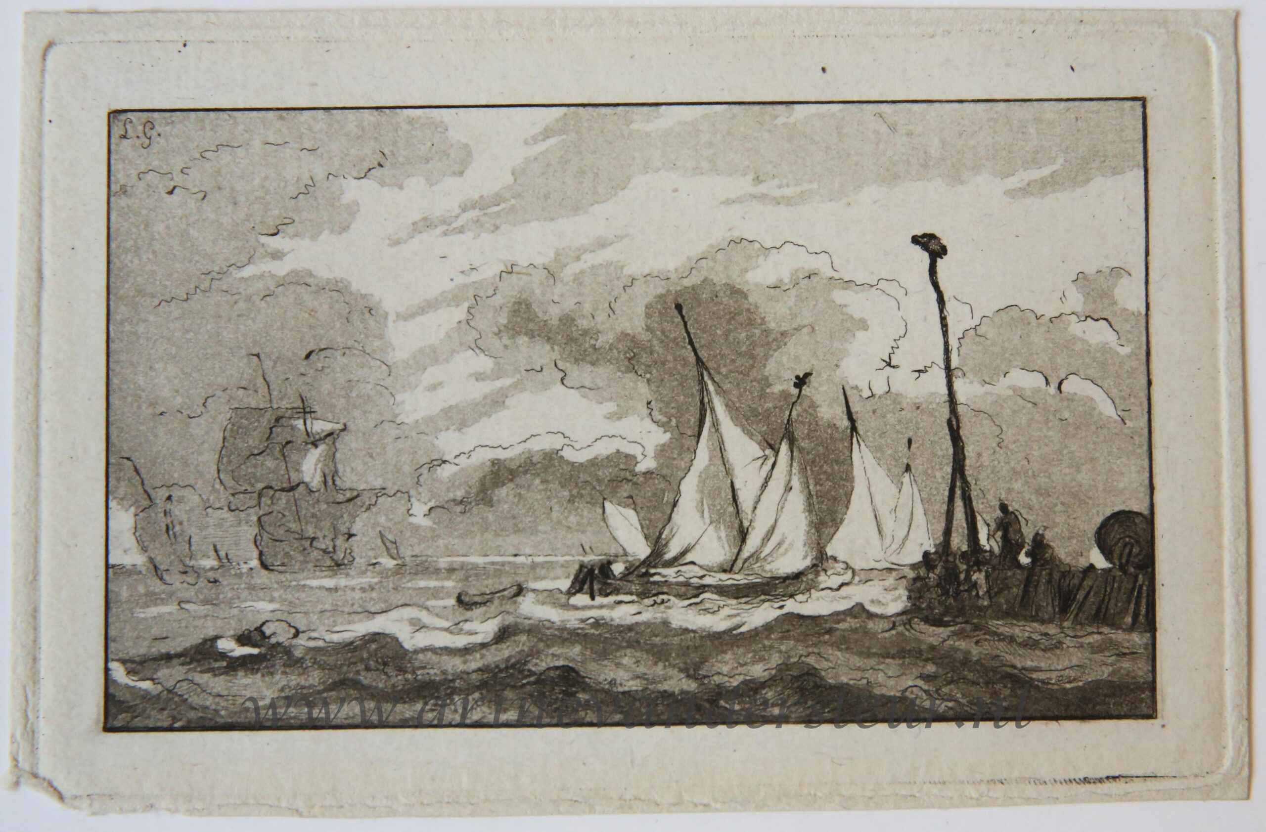 Original aquatint: Boats at sea along the coast/Boten op zee langs de kust, ca 1788.