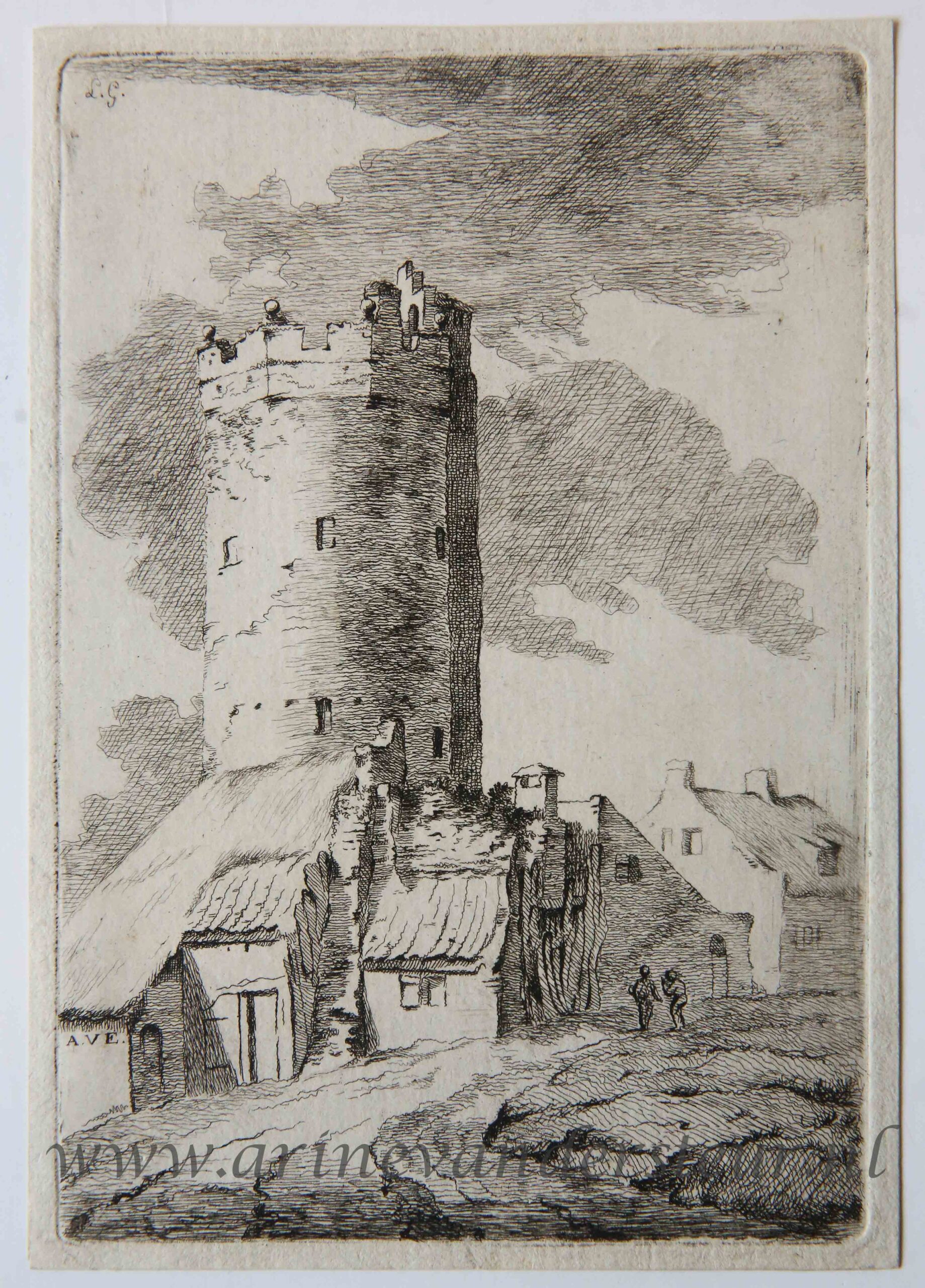 Original etching/ets: View on houses/Landschap met huizen, ca 1788.
