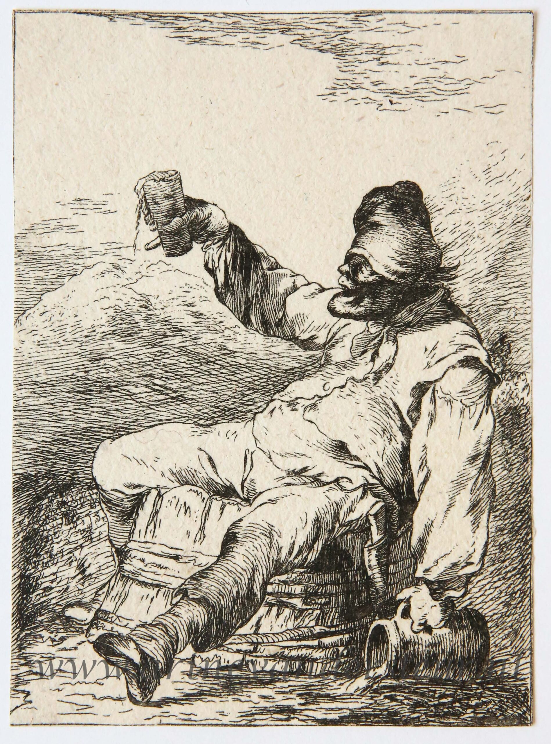 Original etching/ets: Man drinking beer/Bierdrinkende man, ca 1755-1771.