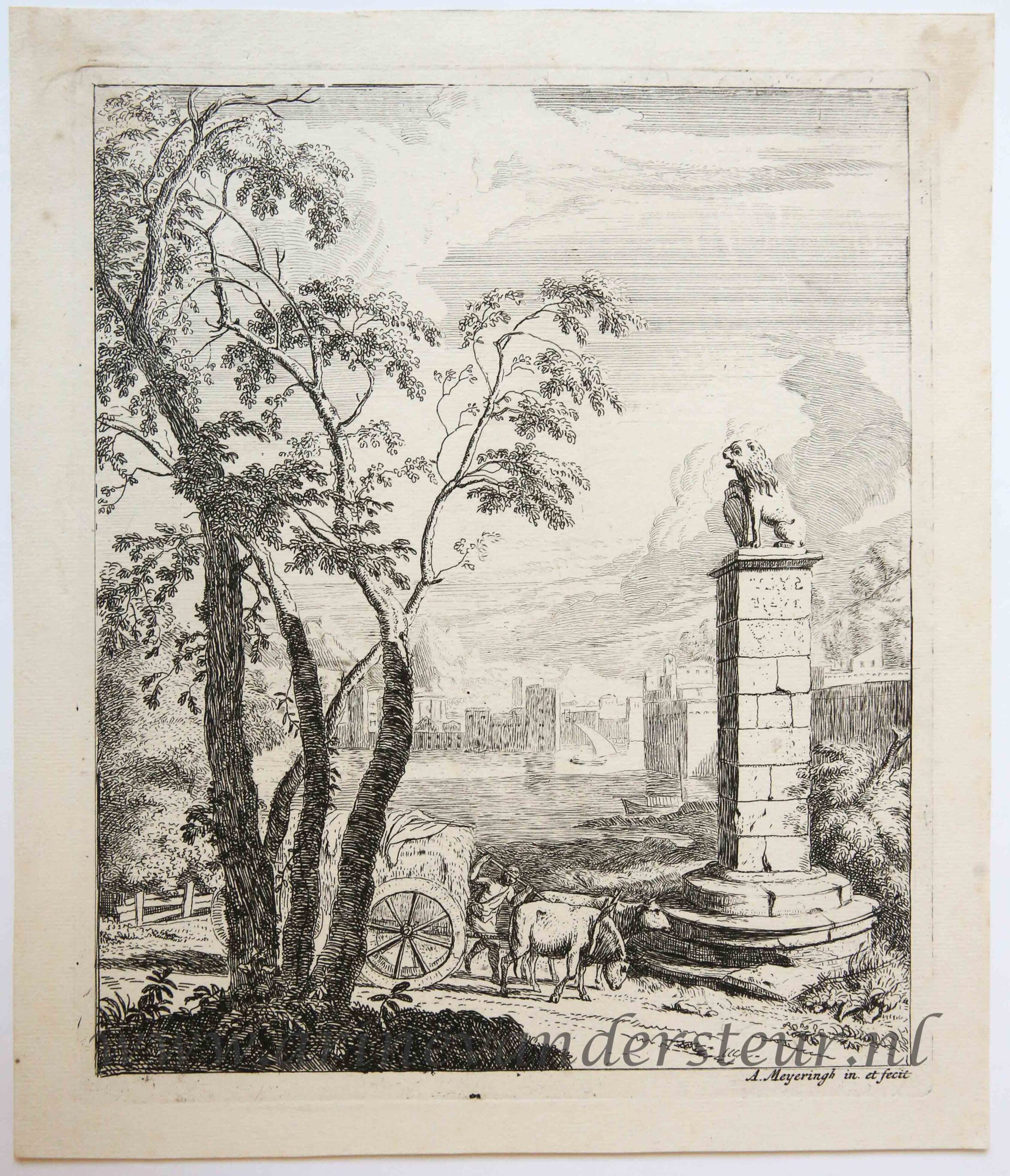 [Antique print, etching and engraving] Landscape with a cart and a monument/Landschap met wagen en monument, published ca. 1695-1714.
