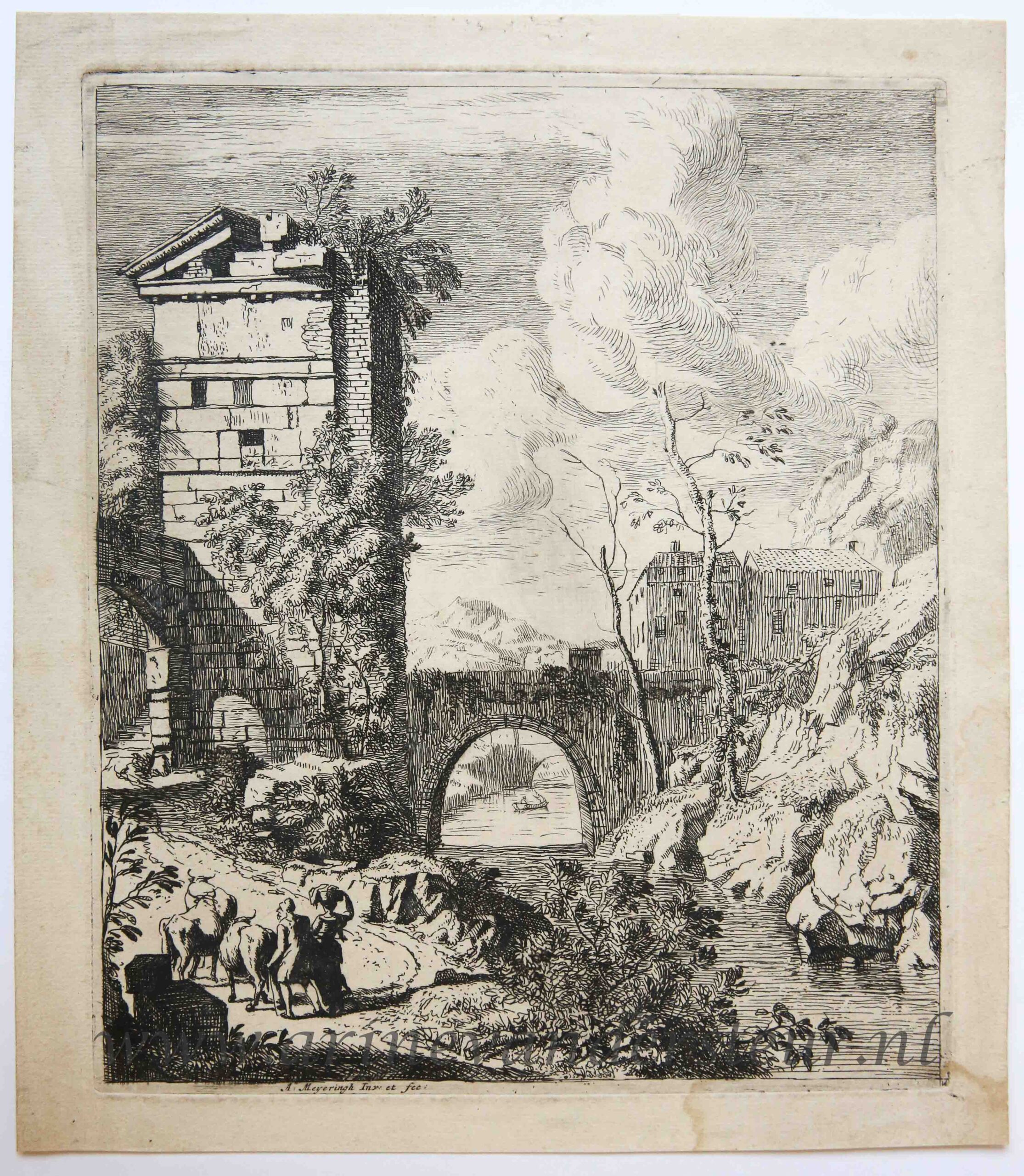 [Antique print, etching/ets] Landscape with a ruined tower/Landschap met ruine, published 1695.