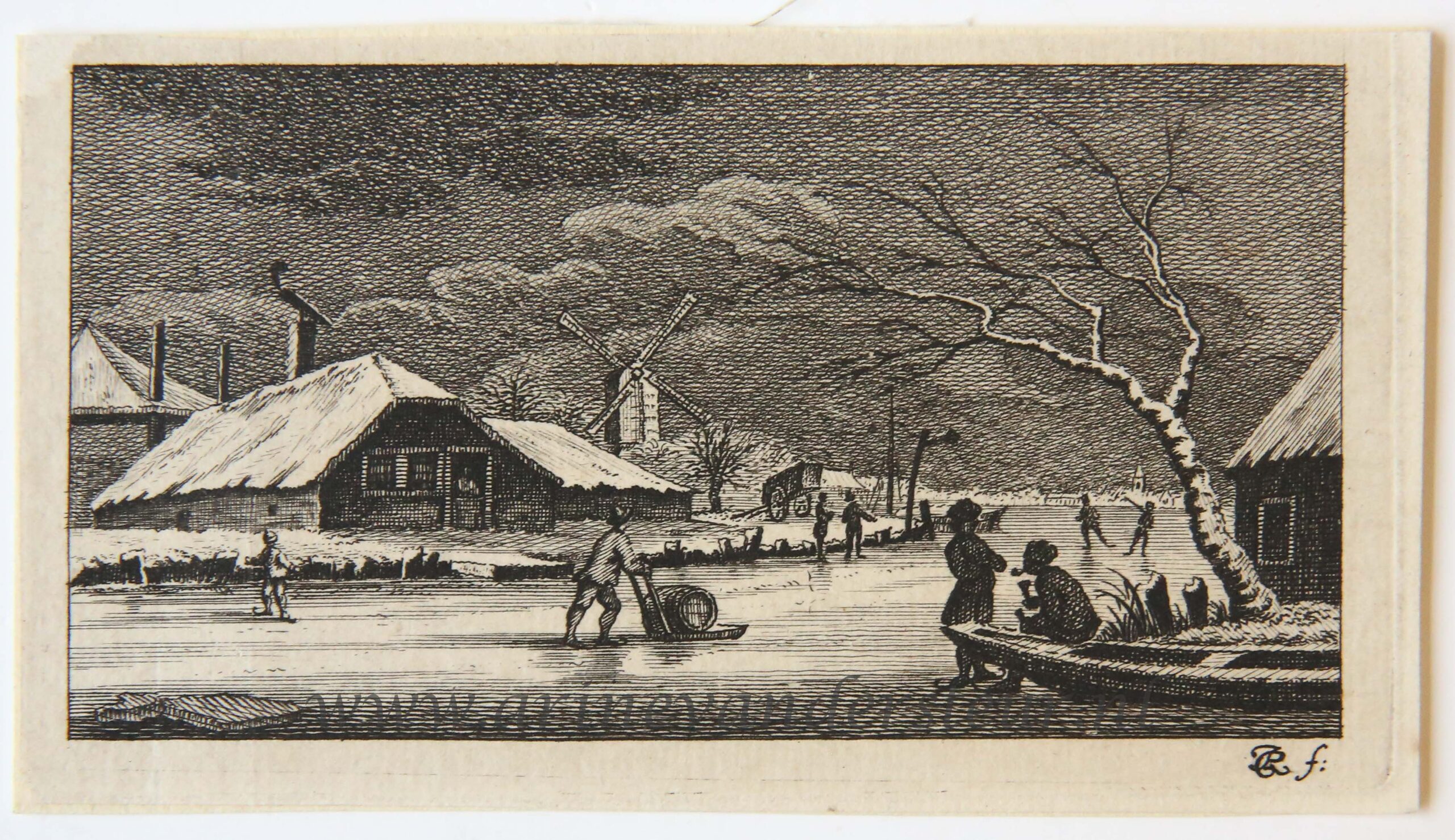 Original etching: Small view on a frozen canal [set: Landschapjes, Rúwientjes enz.]/Winterlandschap, schaatslandschap, 1766.