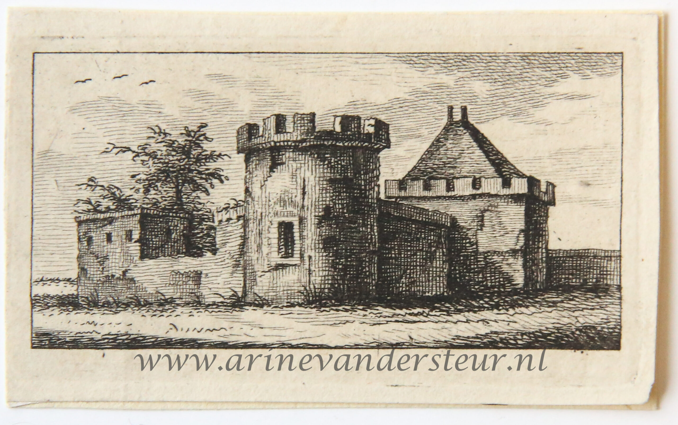[Antique print, etching] View on a landscape with a fortified building, published 1766.