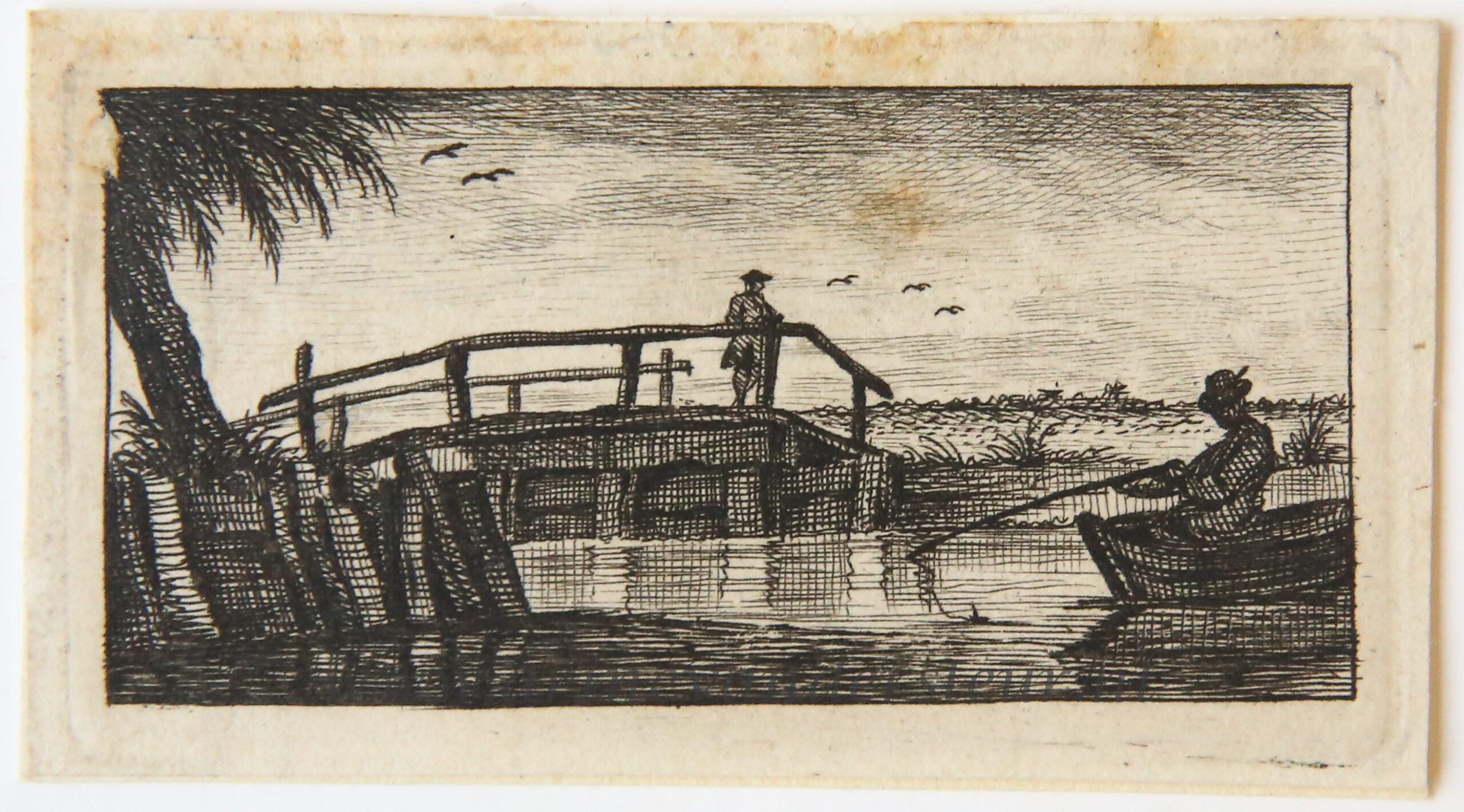 [Antique print, etching] View on a canal with a wooden bridge, published 1766.