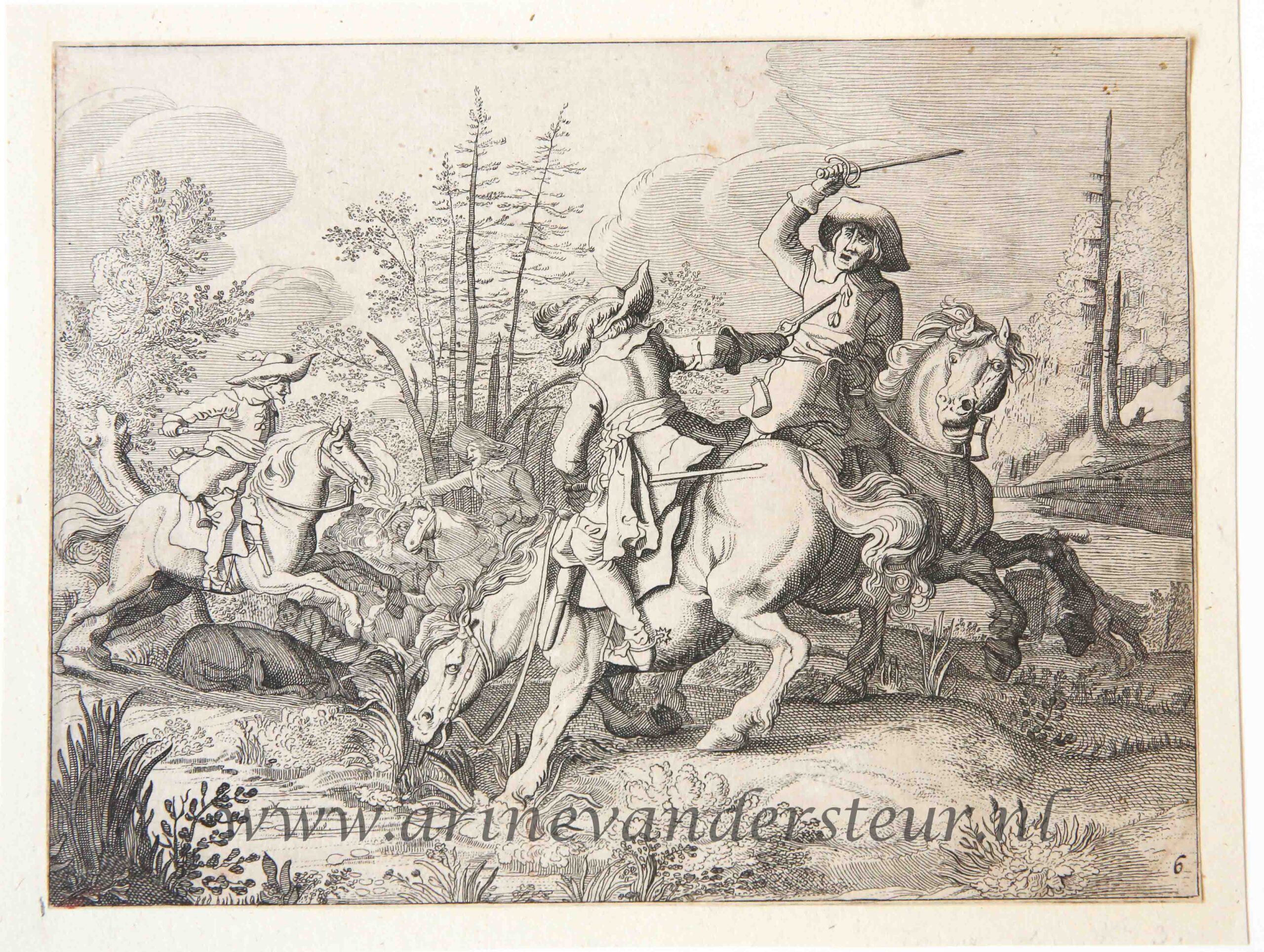 Original etching: Fight between soldiers on horse/Gevecht tussen soldaten op paarden/cavalerie, ca 1650-1700.