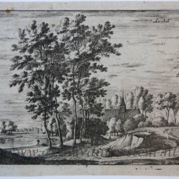 [Antique print, etching] Aerckel/Kerk van Arkel met rivier de Merwede, ca. 1650.