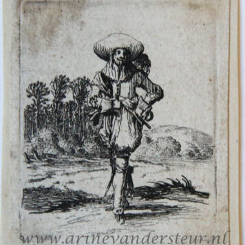 [Antique print, etching] Man with left arm akimbo standing before a landscape [Set title: Genre scenes]/Man met linkerhand in zijn zij.