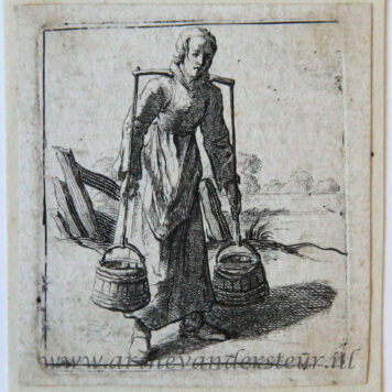 [Antique print, etching] Woman with yoke carrying two buckets of milk /Vrouw met juk en twee emmertjes melk, before 1660.