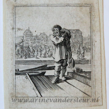 [Antique print, etching] Man standing on warf before canal and city /Man aan de kade, before 1660.