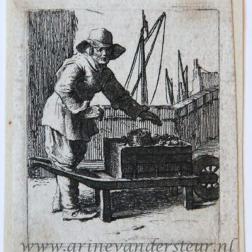 [Antique print, etching] Youth facing right standing by a wheelbarrow before a wharf /Man met kruiwagen bij haven, before 1660.