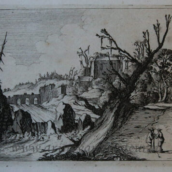 [Antique print, etching] Waterfall between banks, crowned by bare trees. ca. 1650.