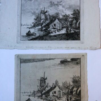 [Two antique prints, etching] View of a village beside a river/ Dorp bij rivier. 1776.