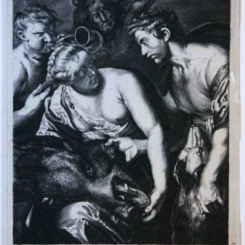 [Antique print, engraving] Meleager bringing the head of the Calydonian wild boar to Atalanta/Meleager brengt de kop van de everzwijn naar Atalanta. 17th century.