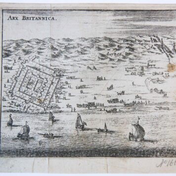 [Antique print, etching] Arx Brittanica/Gezicht op Brittenburg bij Katwijk, published ca. 1649.