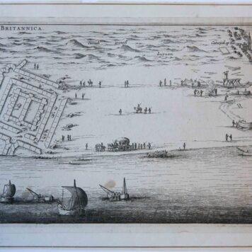 [Antique print, etching] Arx Brittanica/Gezicht op Brittenburg bij Katwijk. ca. 1650.