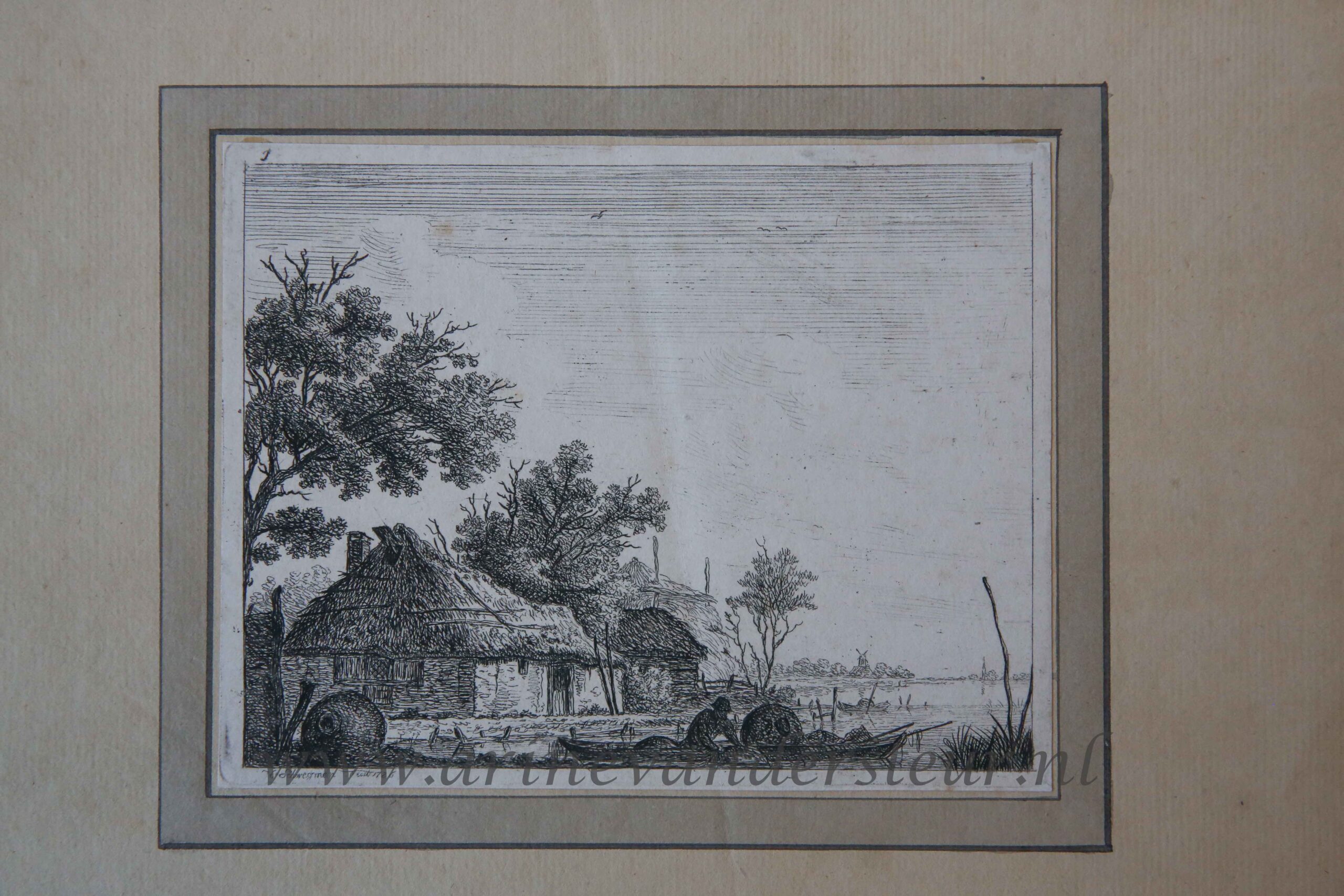 Schwegman, Hendrik (1761-1816) - [Antique print, etching] Farm house on a lake/Boerderij bij meer.