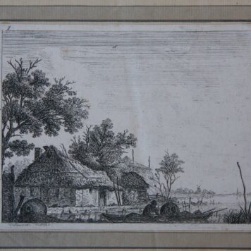 [Antique print, etching] Farm house on a lake/Boerderij bij meer.