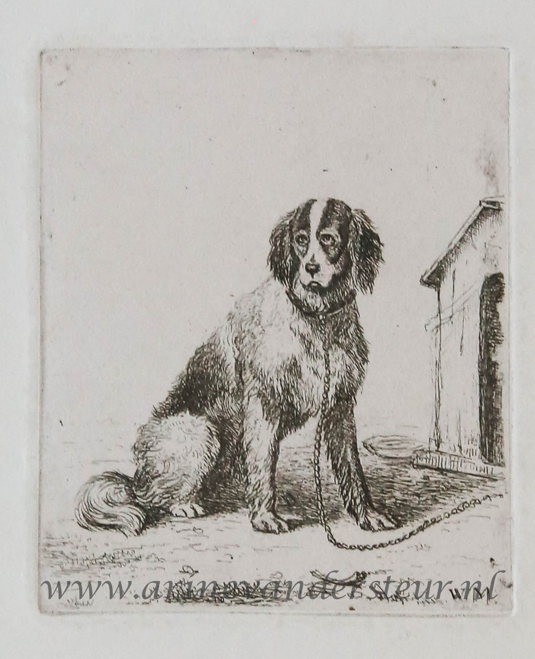 [Antique print, etching] A chained dog / Hond aan de ketting.