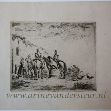 [Antique print, etching] Three soldiers taking a break by a house /Drie soldaten in rust..