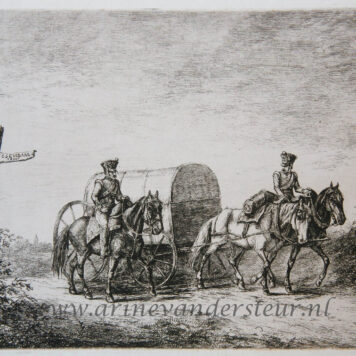 [Antique print, etching] Two soldiers on horseback / Twee soldaten op paarden met huifkar.