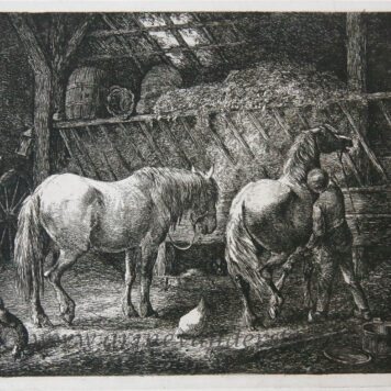 [Antique print, etching] Stable interior with two horses /Stal met twee paarden.