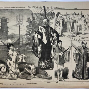 [Original lithograph/lithografie by Johan Braakensiek] De Mikado te Amsterdam, 6 November 1887, 1 pp.