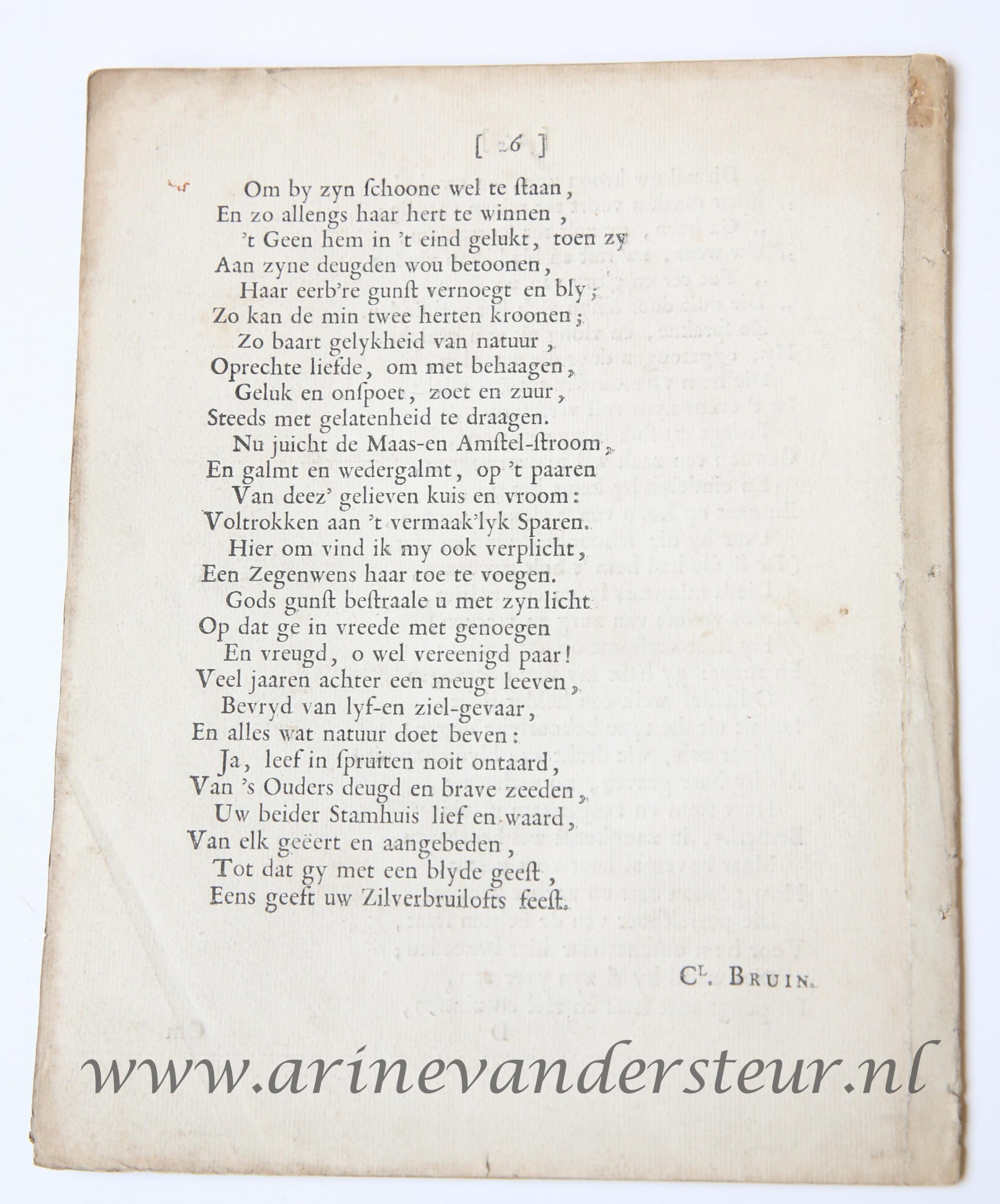  - Ter bruilofte van den Heere Jacob Verbeek en Jongkvrouw Maria Van raat [bevestigd op Zuiderhout buiten Haarlem 14 oktober 1708]. 4. Incompleet. Bevat alleen pp. [21]-26.