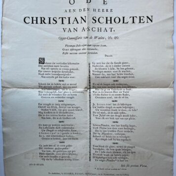 Occasional Poem, 1753, Plano | Ode aen den heere Christian Scholten van a-schat, opper-commissaris van de Waelen. Amsterdam, Hendrik Tieman. 1753, Plano.