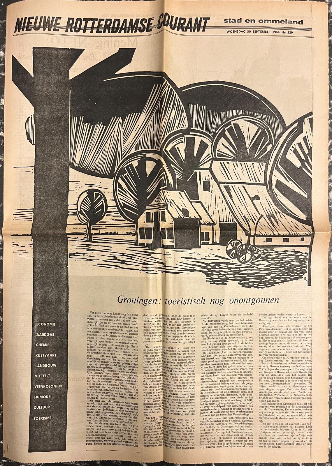  - Groningen, 1964, Newspaper | Nieuwe Rotterdamsche Courant. 30-9-1964, special: Stad en Ommeland. Plano, 12 pp., gedrukt.