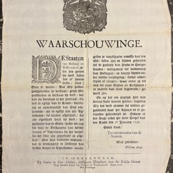 Holland, 1736, Feudalism | Waarschouwinge van Staten van Holland, dd. 18-1-1736, betr. afschaffing van de eed bij eigendoms overgang van leengoederen, d.d. 18-1-1736. 1 blad plano, gedrukt.