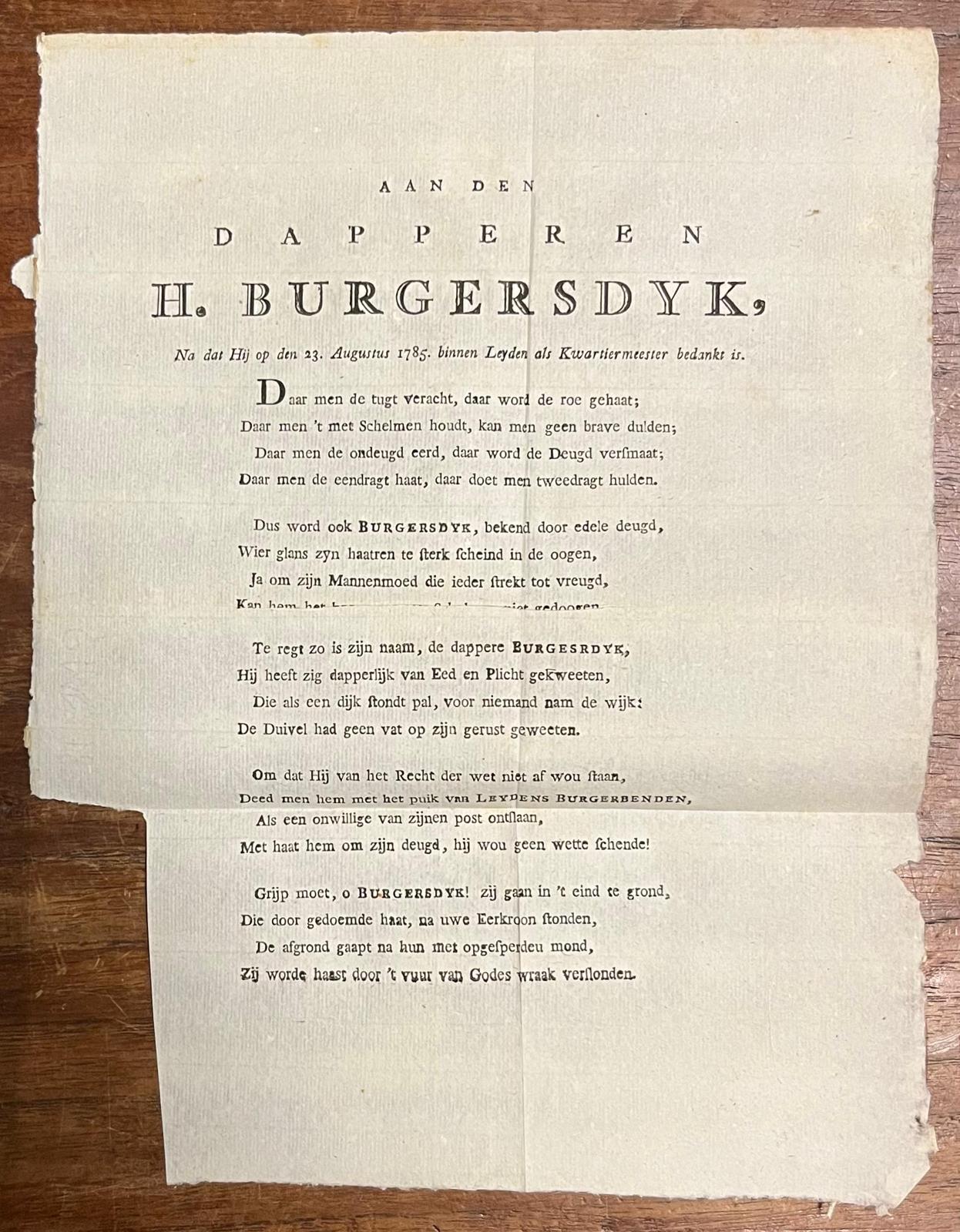  - Occasional Poem, 1785, Plano | Aan den dapperen H. Burgersdijk, na dat hij op den 23 augustus 1785 binnen Leyden als kwartiermeester bedankt is. z.p. Plano.
