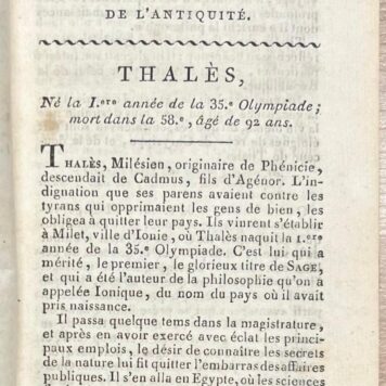 Antiquity, 1806, French | Abrégé de la Vie Des Plus Illustres Philosophes de l'Antiquité, avec leurs dogmes, leurs systêmes, leur morale, et un receuil de leurs plus belles maximes. Riom, J.-C. Salles, 1806, 250 (2) pp.