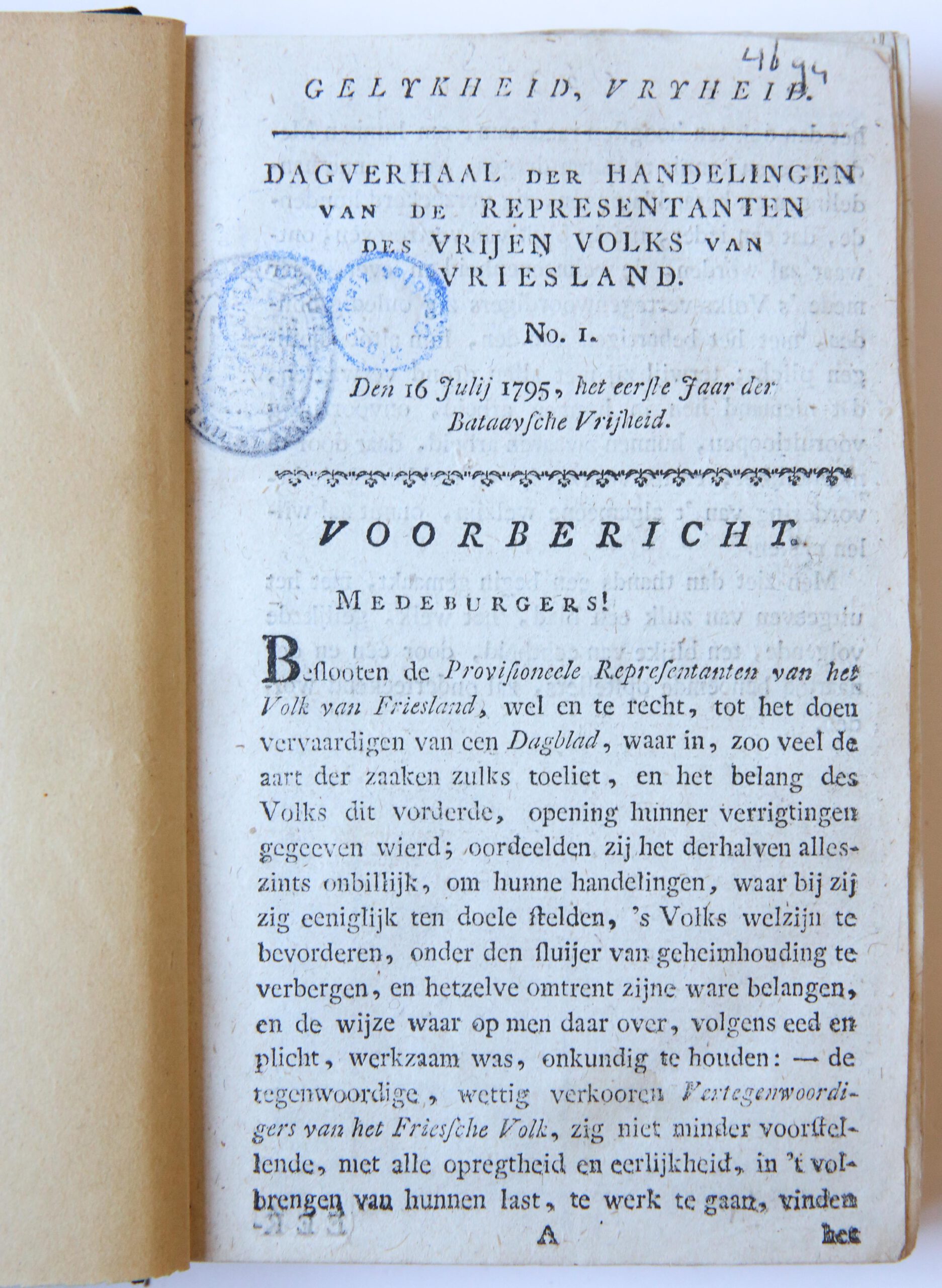 [Periodiek] Dagverhaal der handelingen van de provisioneele representanten des vrijen volks van Friesland, 1795 no 1 - 1796 no 34.