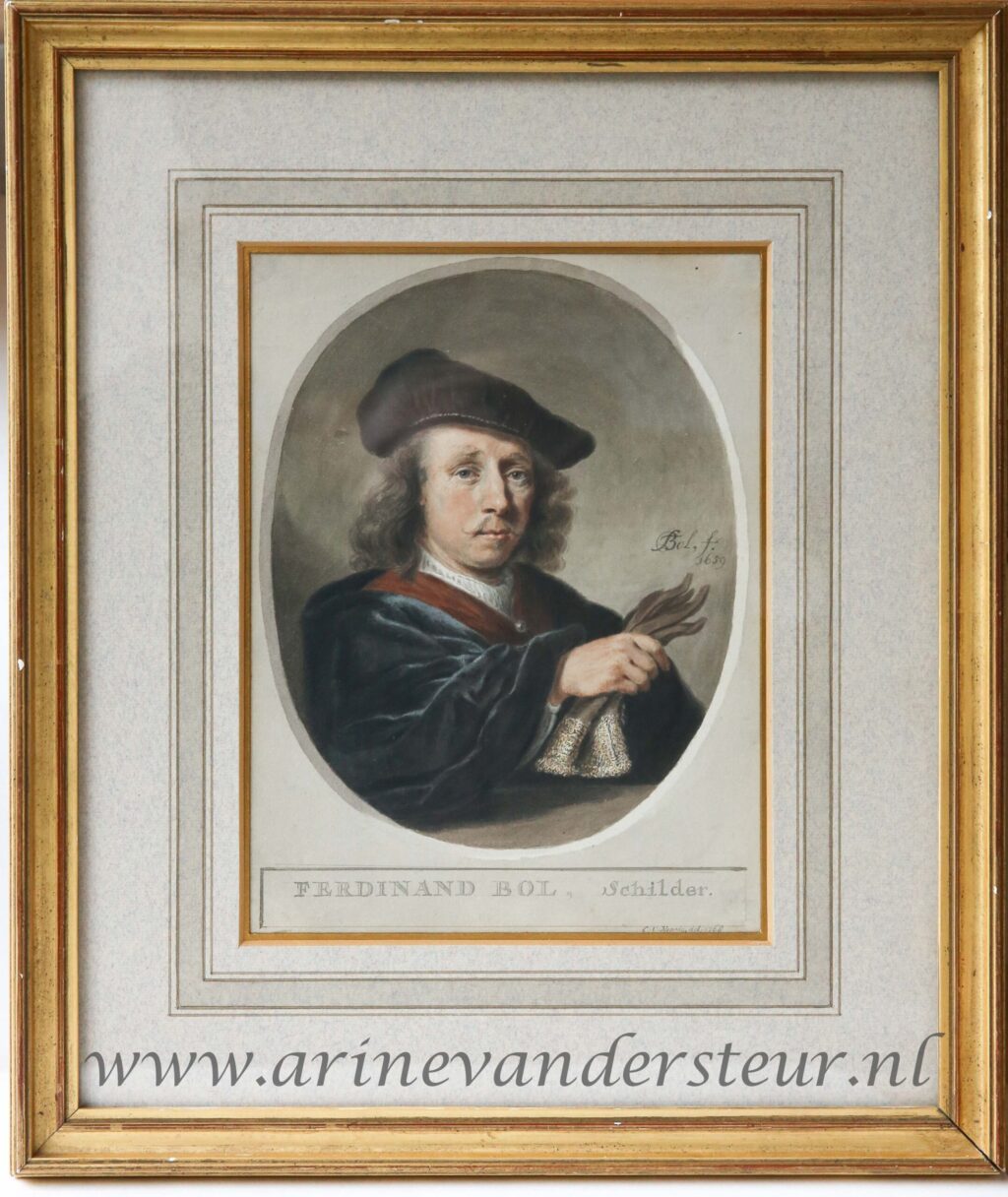 [Antique portrait drawing, brush, 1768] Portrait of Ferdinand Bol, dated 1768, framed, 1 p.