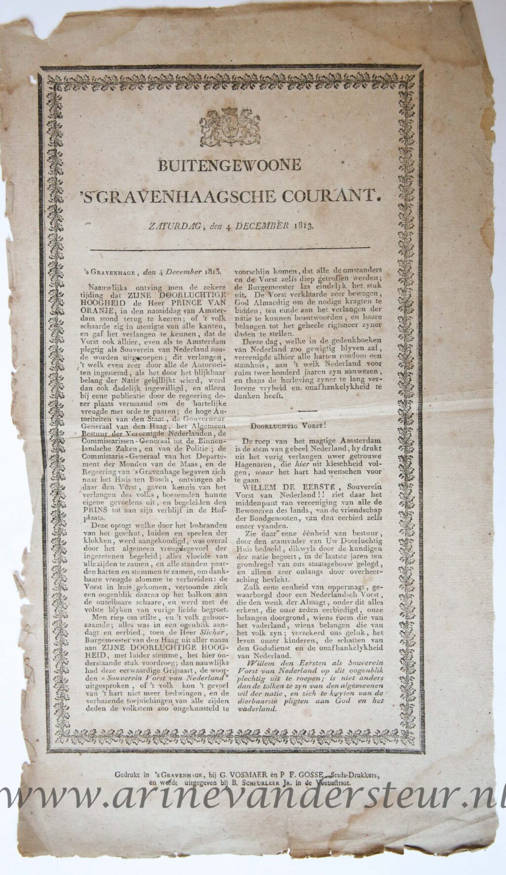 [Newspaper/Krant 1813] Buitengewoone ’S Gravenhaagsche Courant Zaterdag, den 4 December 1813, 1p.