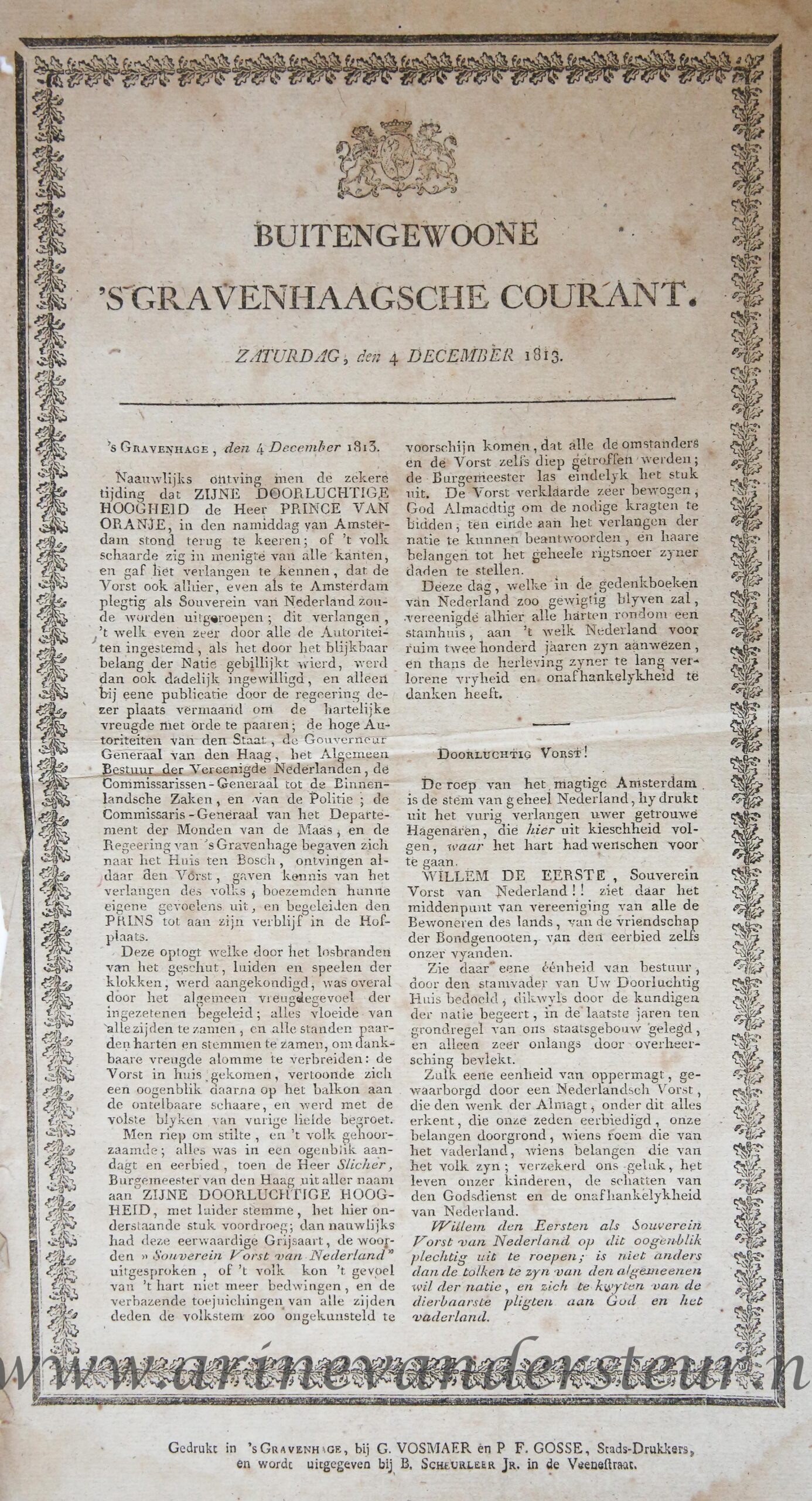 [Newspaper The Hague] - [Newspaper/Krant 1813] Buitengewoone S Gravenhaagsche Courant Zaterdag, den 4 December 1813, 1p.