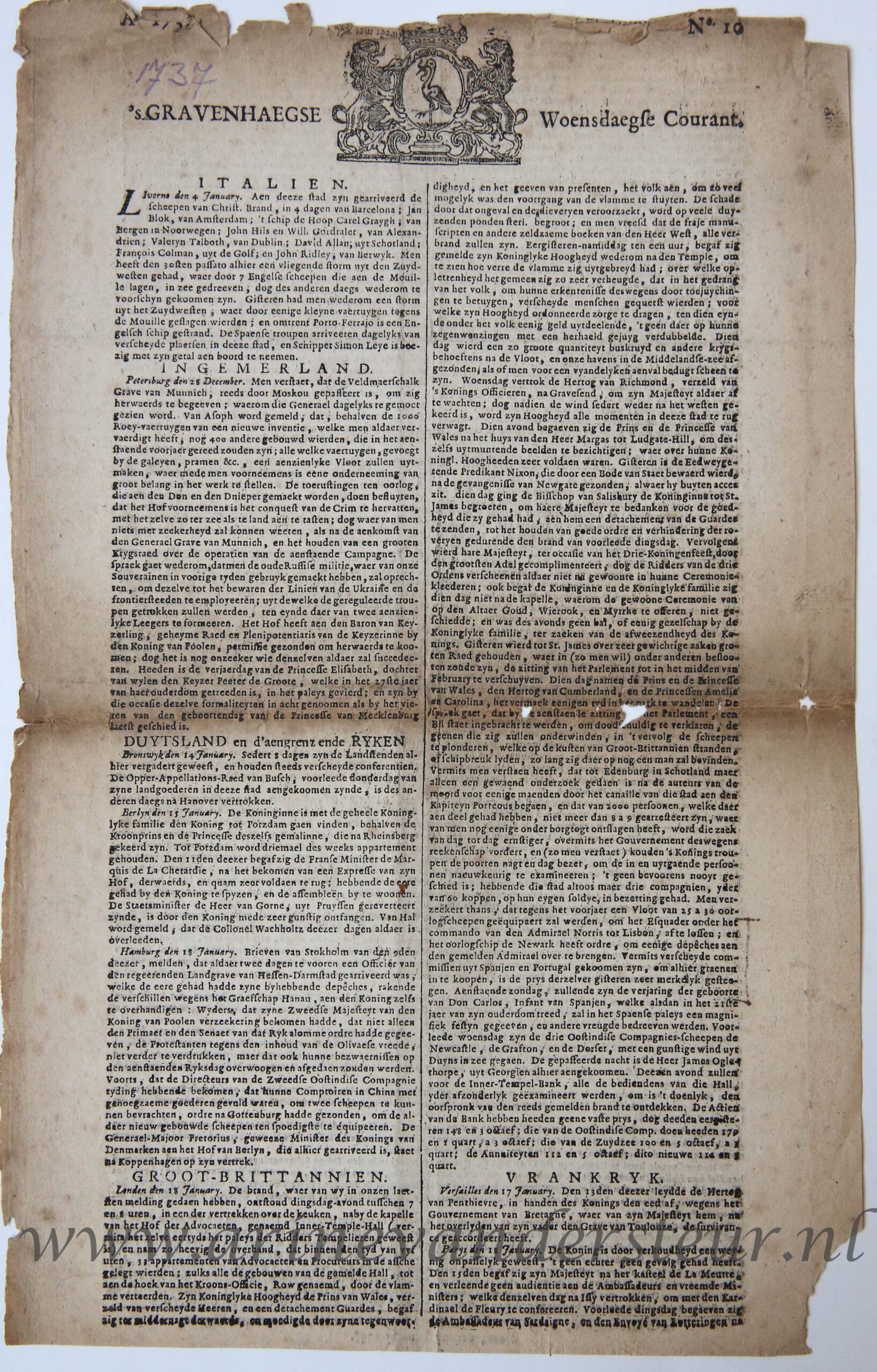 [Newspaper The Hague] - [Newspaper/Krant 1737] s Gravenhaegse Woensdaegse Courant 23 Januari 1737, 1p.