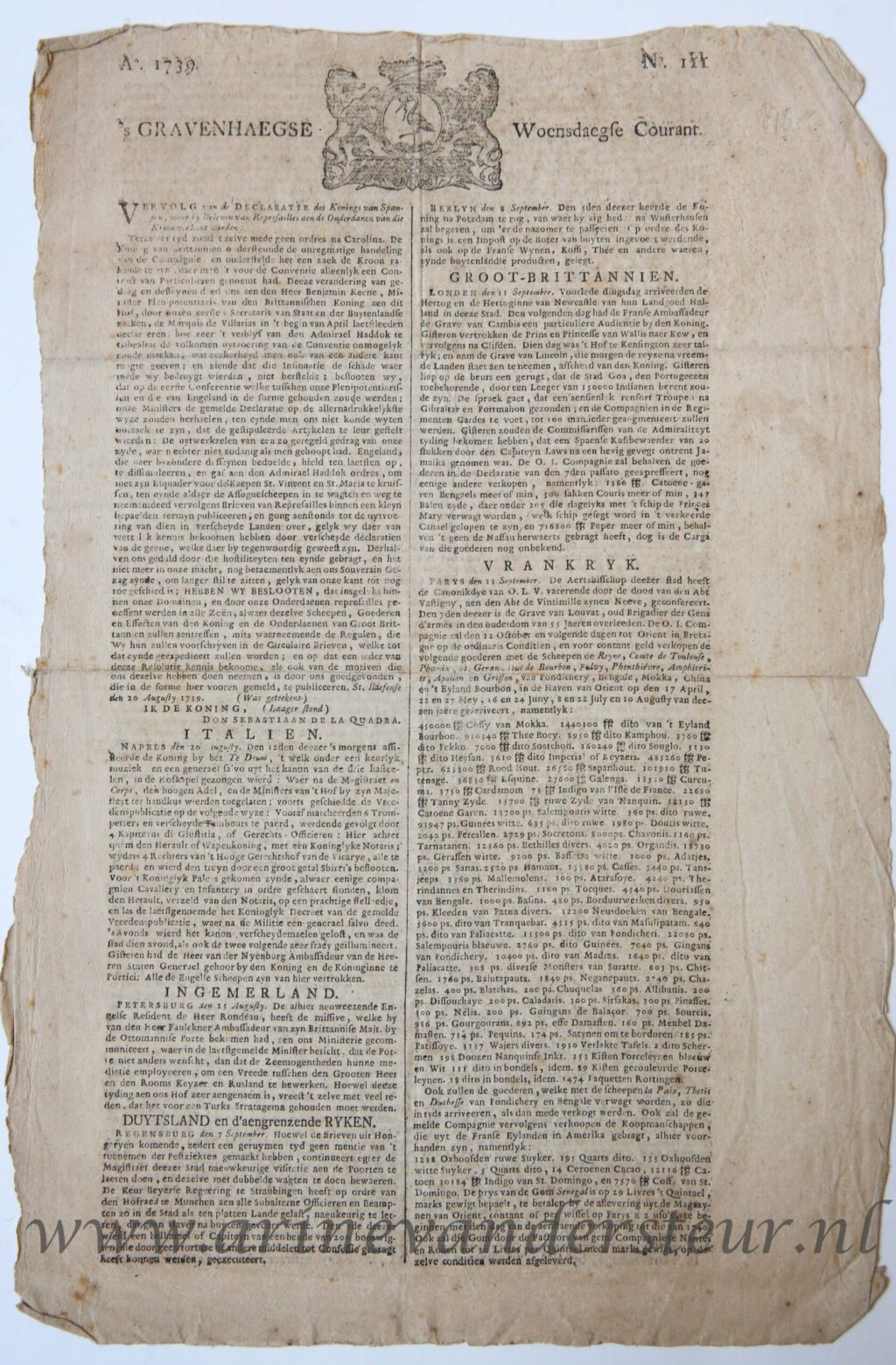 [Newspaper/Krant 1739] ’s Gravenhaegse Woensdaegse Courant 16 September 1739, 1p.
