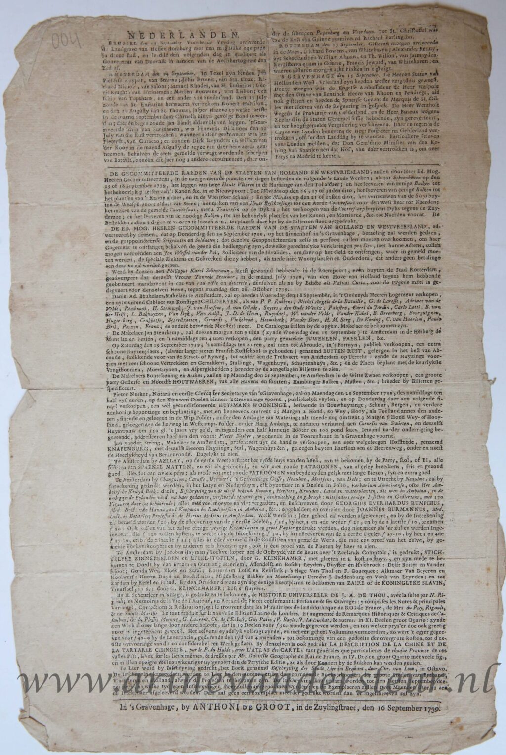 [Newspaper/Krant 1739] ’s Gravenhaegse Woensdaegse Courant 16 September 1739, 1p.