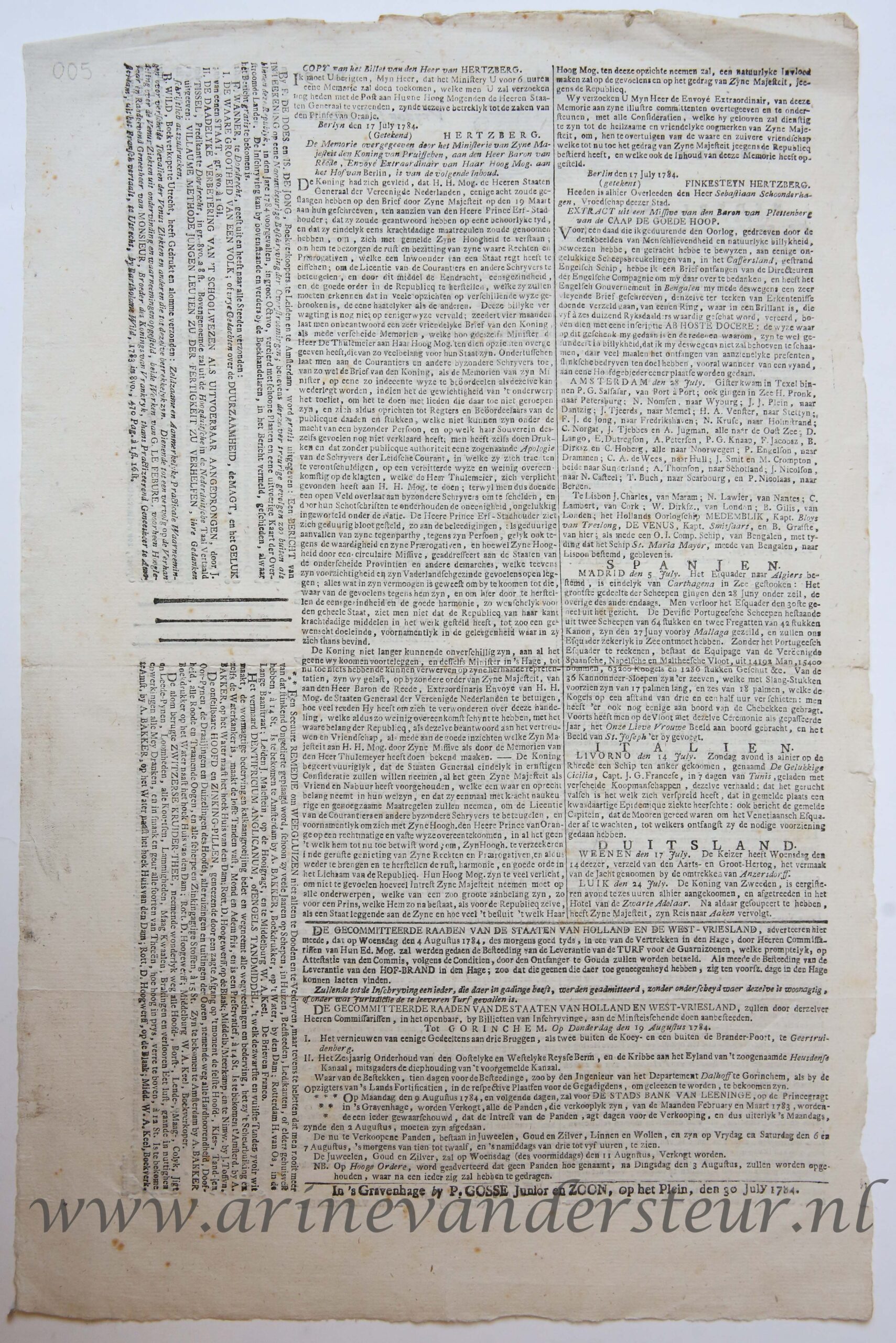 [Newspaper/Krant 1784] ’s Gravenhaagse Vrydagse Courant Van den 30sten July 1784, no 92, 1p.
