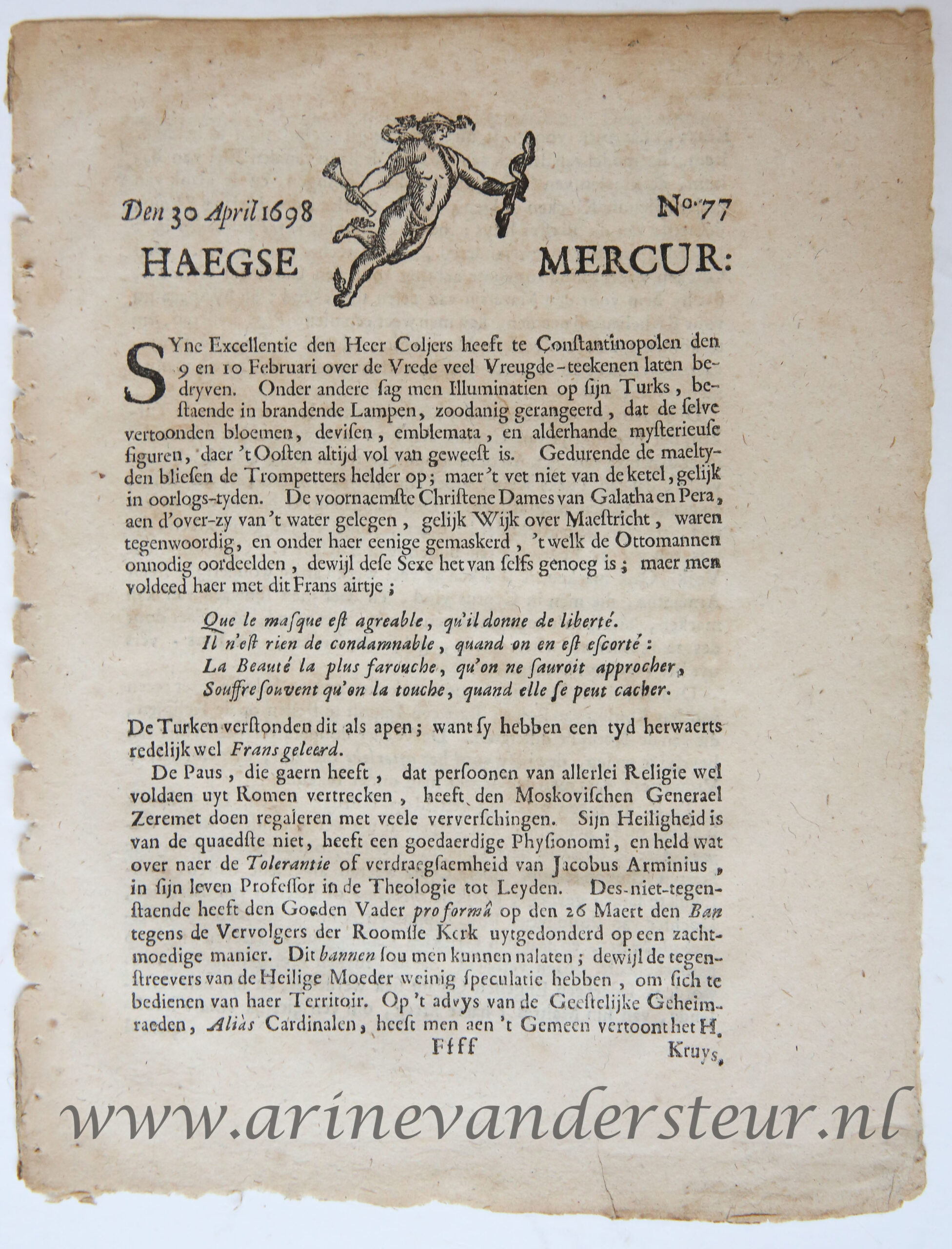 [Newspaper/Krant 1698] Haegse Mercur/Haagse Mercur, 30 April 1698, no 77, 4 pp.