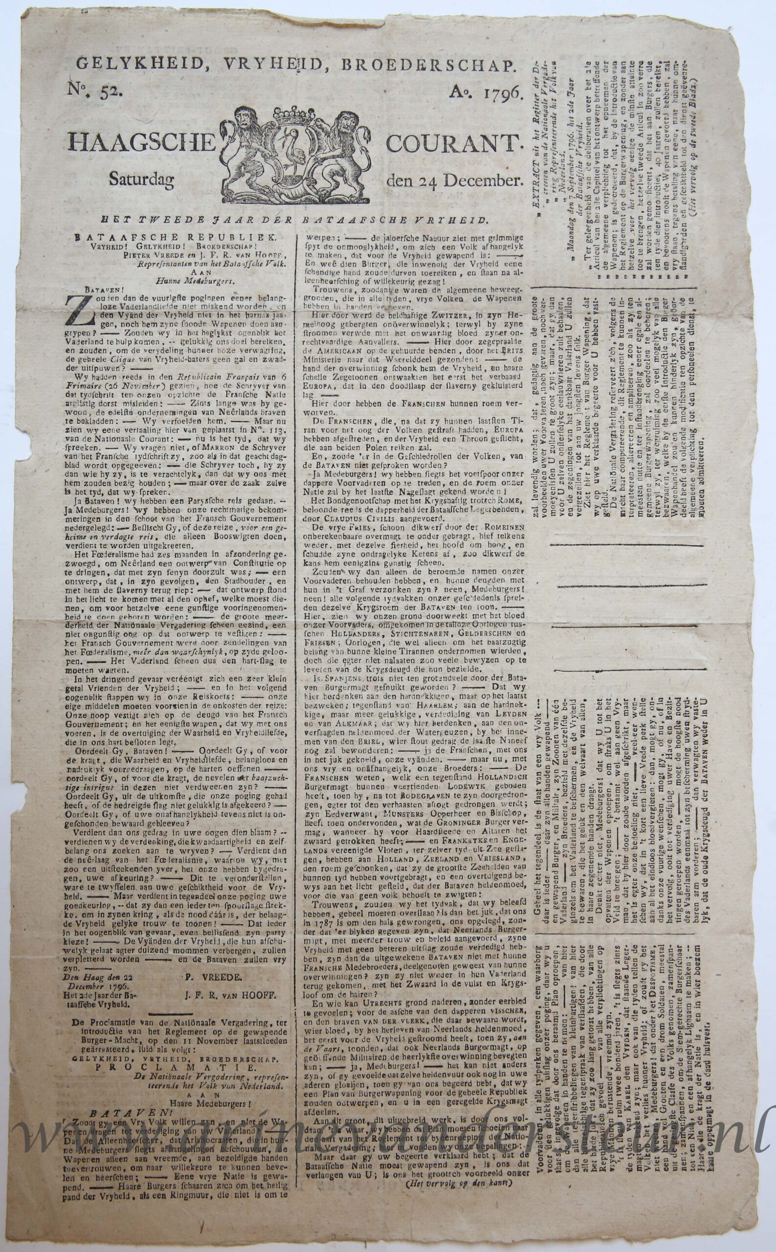 [Newspaper/Krant 1796] Gelykheid, Vryheid, Broederschap Haagsche Courant Saturdag den 24 December Het tweede jaar der Bataafsche Vryheid 1796, 1 p.
