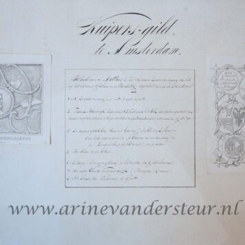 AMSTERDAM, KUIPERSGILDE--- Kuipersgilde te Amsterdam. Twee gedrukte afbeeldingen d.d. 1864 van het beeld van St. Matthys en gilde symbolen, samen met manuscript toelichting op 1 blad, plano, oblong.