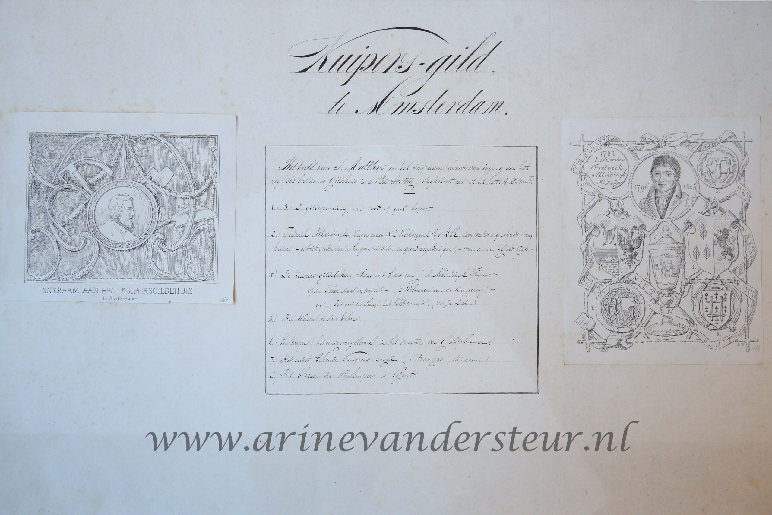  - AMSTERDAM, KUIPERSGILDE--- Kuipersgilde te Amsterdam. Twee gedrukte afbeeldingen d.d. 1864 van het beeld van St. Matthys en gilde symbolen, samen met manuscript toelichting op 1 blad, plano, oblong.