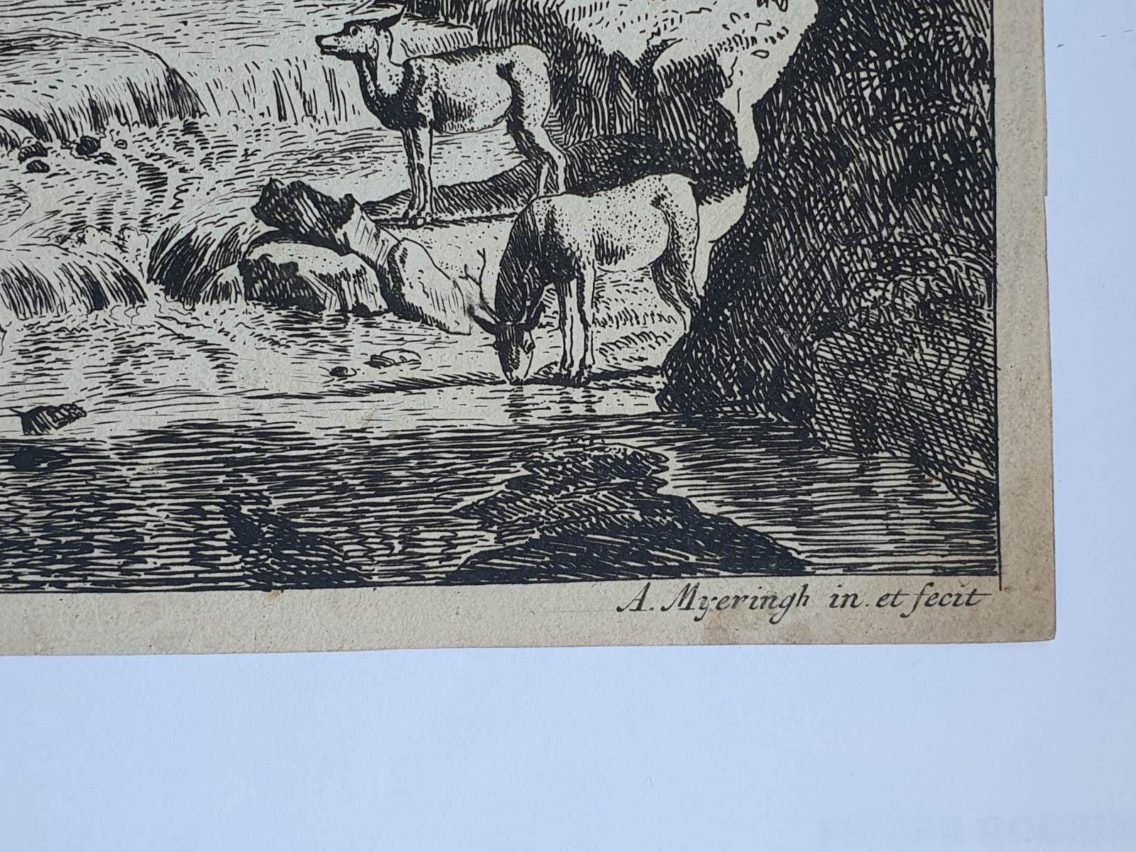 [Antique print, etching/ets] Italian landscape with Pan and Syrinx, published 1650-1700.