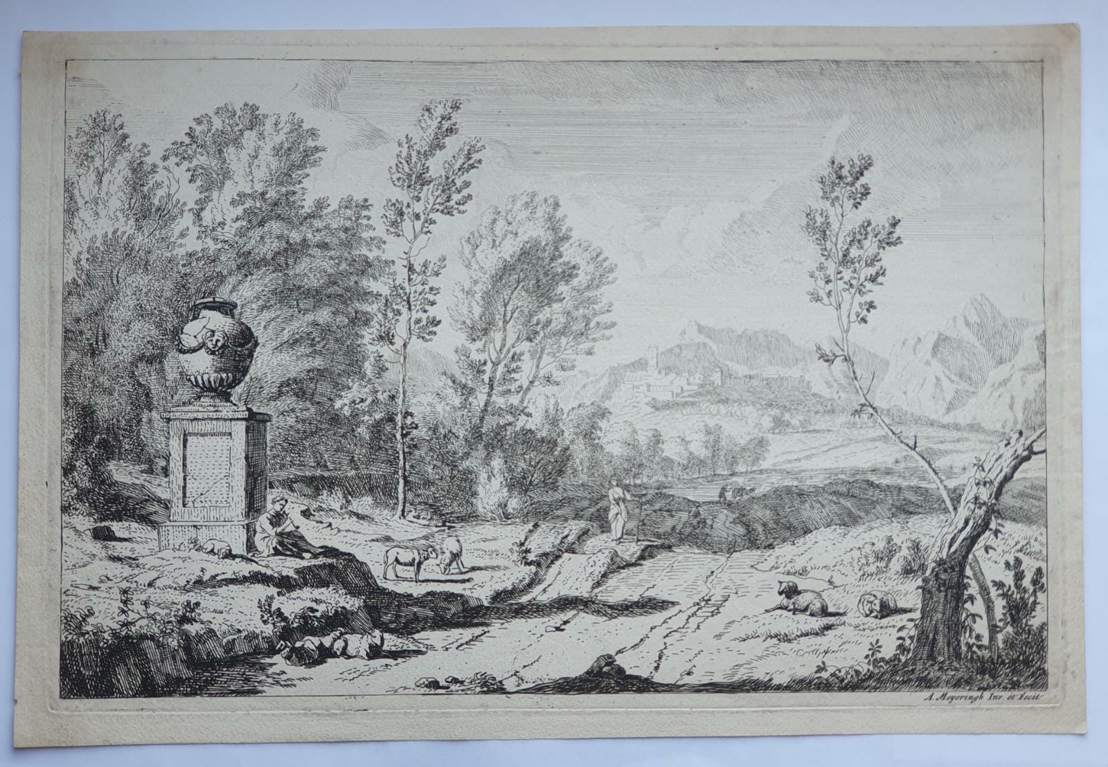 [Antique print, etching/ets] Italian landscape with a shepherd playing the flute near a monument, published before 1700.