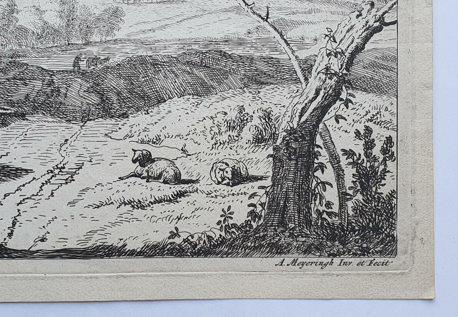 [Antique print, etching/ets] Italian landscape with a shepherd playing the flute near a monument, published before 1700.
