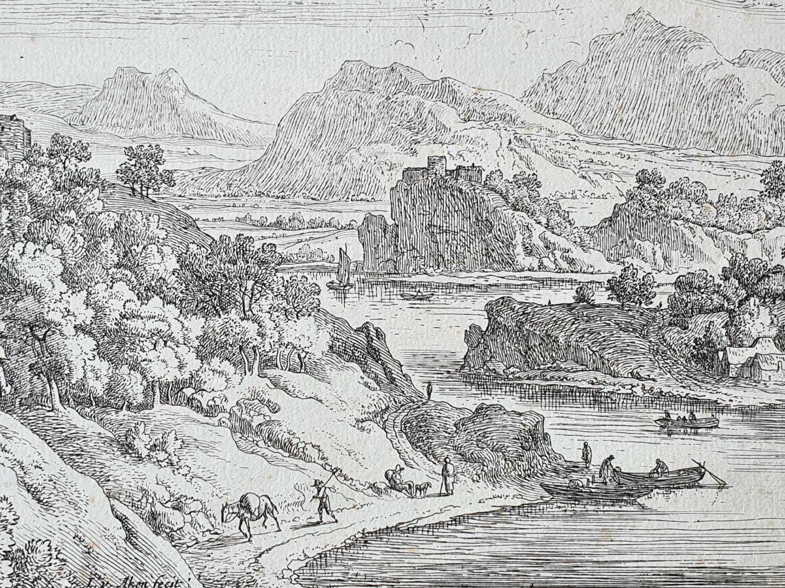 [Antique etching, ets] J. v. Aken, after H. Saftleven. Landscape: view of the Rhine, published 1624-1661.